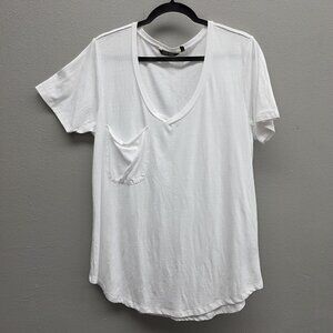Peyton Jensen Shirt Womens XL White V Neck Pocket Short Sleeve Relaxed Fit Soft